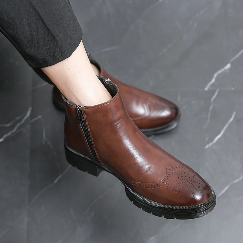 British Style Chelsea Boots Men Mid Calf Dress Shoes Business Formal Ankle Boots Antumn Bota Masculina Split Leather Shoes