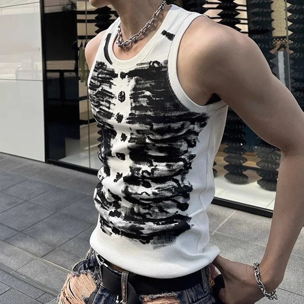 

Mens Casual Street Tie Dye Tight Sports Bodybuilding Vest 2024 New Genderless Fashion Sexy Youth Printed Tank Top Unisex