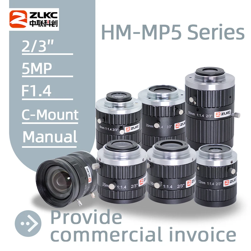 ZLKC 2/3-calowy 5-megapikselowy obiektyw FA C z mocowaniem 6 mm 8 mm 12 mm 16 mm 25 mm 35 mm 50 mm Stała ogniskowa F1.4 Ręczna przysłona 5 MP Wizja maszynowa