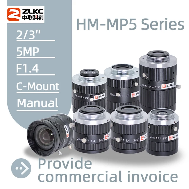 ZLKC 2/3-calowy 5-megapikselowy obiektyw FA C z mocowaniem 6 mm 8 mm 12 mm 16 mm 25 mm 35 mm 50 mm Stała ogniskowa F1.4 Ręczna przysłona 5 MP Wizja maszynowa