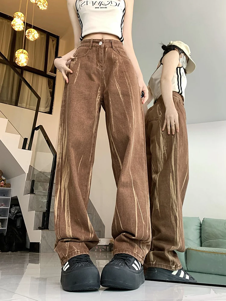 Zoki Tie Dye Retro Brown Jeans Women High Waist Streetwear Y2K Denim Pants American Loose Casual Lady Vintage Harajuku Trousers