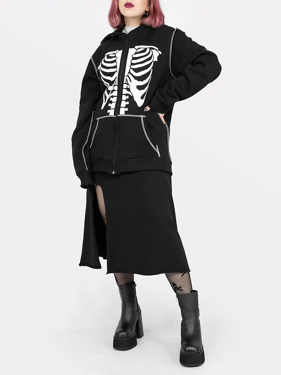 

Women s Halloween Casual Hooded Coat Long Sleeve Skeleton Butterfly Print Zip Up Hoodie with Pockets