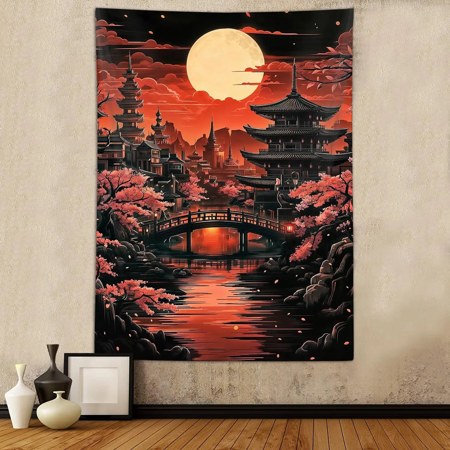 Anime Japanese Tapestry, Cool Japan Black and Red Sun Nature Forest Pink Cherry Blossom Art Vertical Tapestries Wall Hanging for