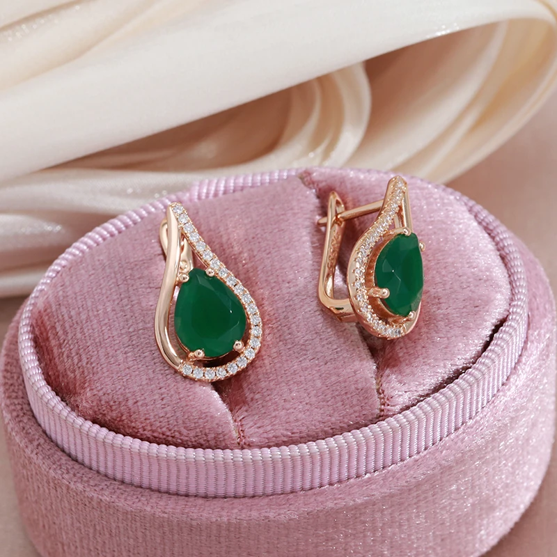 SYOUJYO Dark Green Natural Zircon Water Drop Earrings For Women Bride Wedding Jewelry Trendy 585 Rose Gold Color Dangle Earring