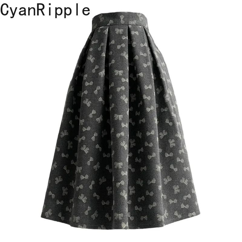 2026 New Autumn Winter Dark Gray Vintage Woolen Skirt All-match High Waist Bow Printed Mid-length Elegant Women Umbrella Skirts