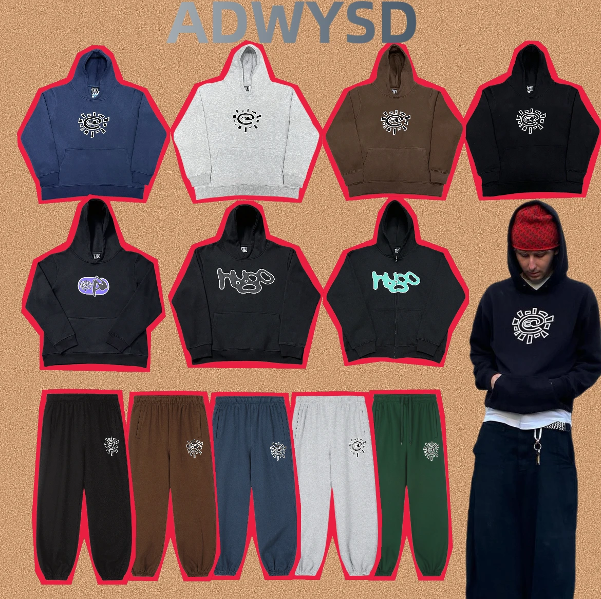 

Комплект Adwysd: толстовка с капюшоном и брюки на флисе, классический повседневный свободный крой, с принтом, осенне-зимняя трендовая мужская одежда