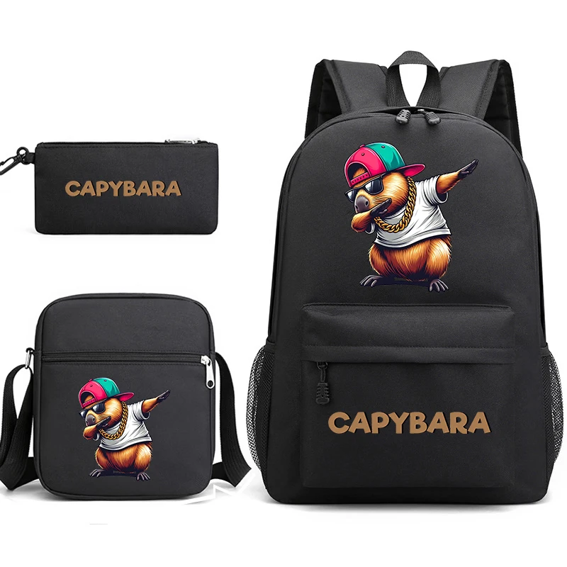 Capybara Print School Bag Set with Backpack Shoulder Bag Pen Bag 3-Piece Student Bookbag for Kids Boys Girls Lightweight Daypack