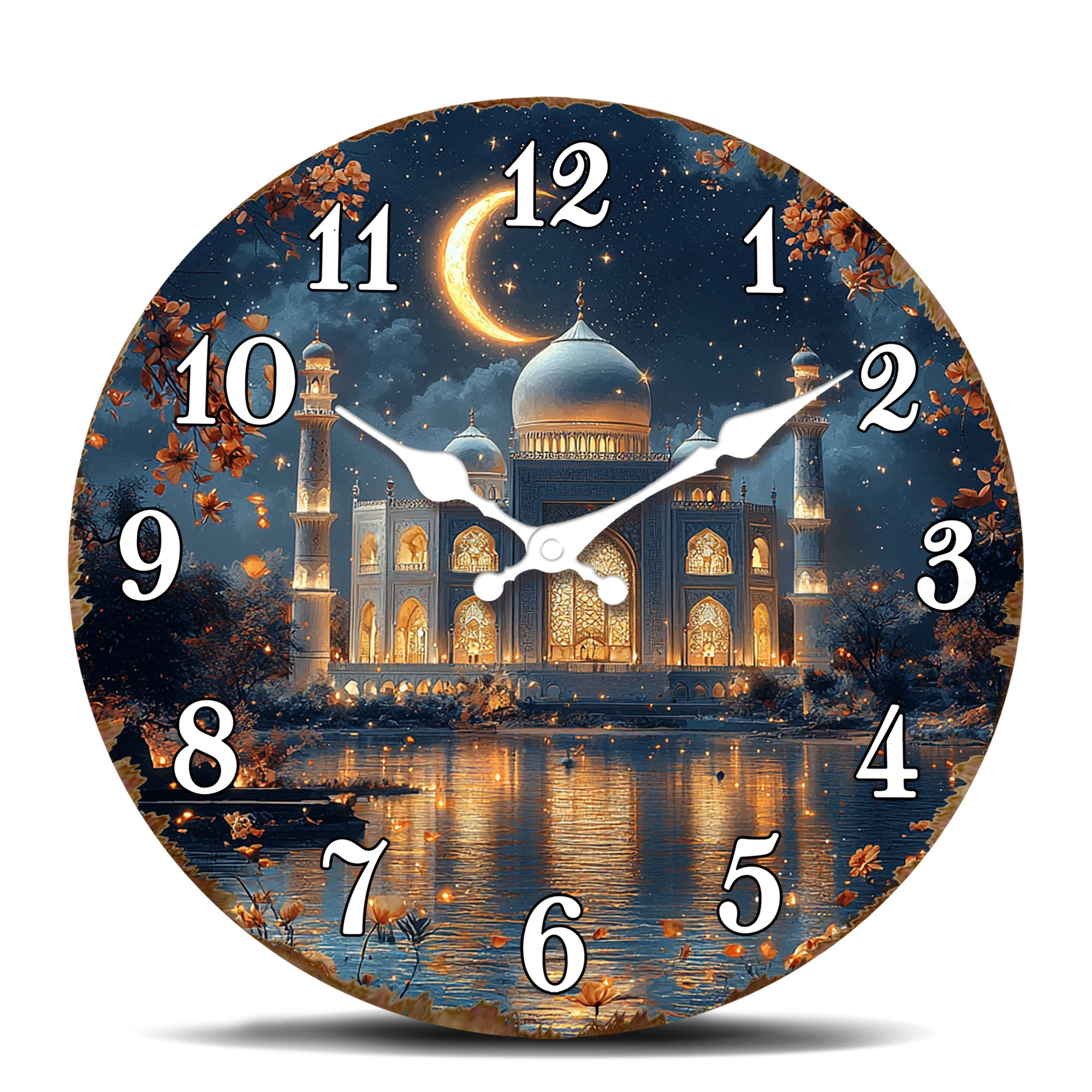 Beleuchtete Moschee bei Nacht mit Halbmond-Wanduhr, Islamisches Architektur-Thema Runde Dekorative Uhr, Serene und Spirituelle Atmosphäre