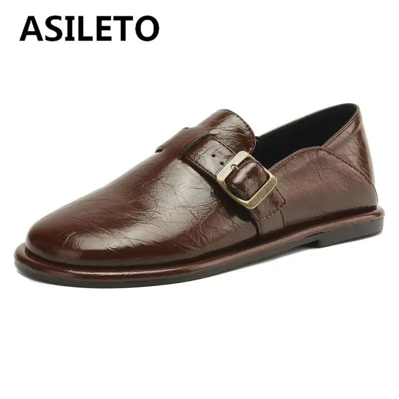 

ASILETO 2025 New Design Fashion Flats for Women Round Toe Slip On Loafers Belt Buckle Plus Size 41 42 43 Leisure Daily Shoes