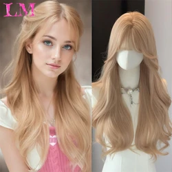 LM Golden Long Curly Synthetic Wigs for Cosplay Ash Highlights Natural Hair Wig with Bangs for Women Heat Resistant Party Hairs