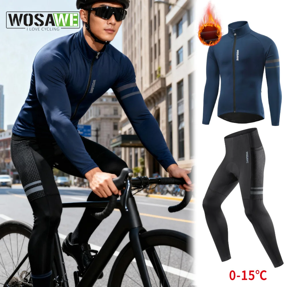 

WOSAWE Winter Men Cycling Suit Thermal Fleece Bike Jacket and Padded Pants Windproof Warm Outdoor Bicycle Sports Long Sleeve Set