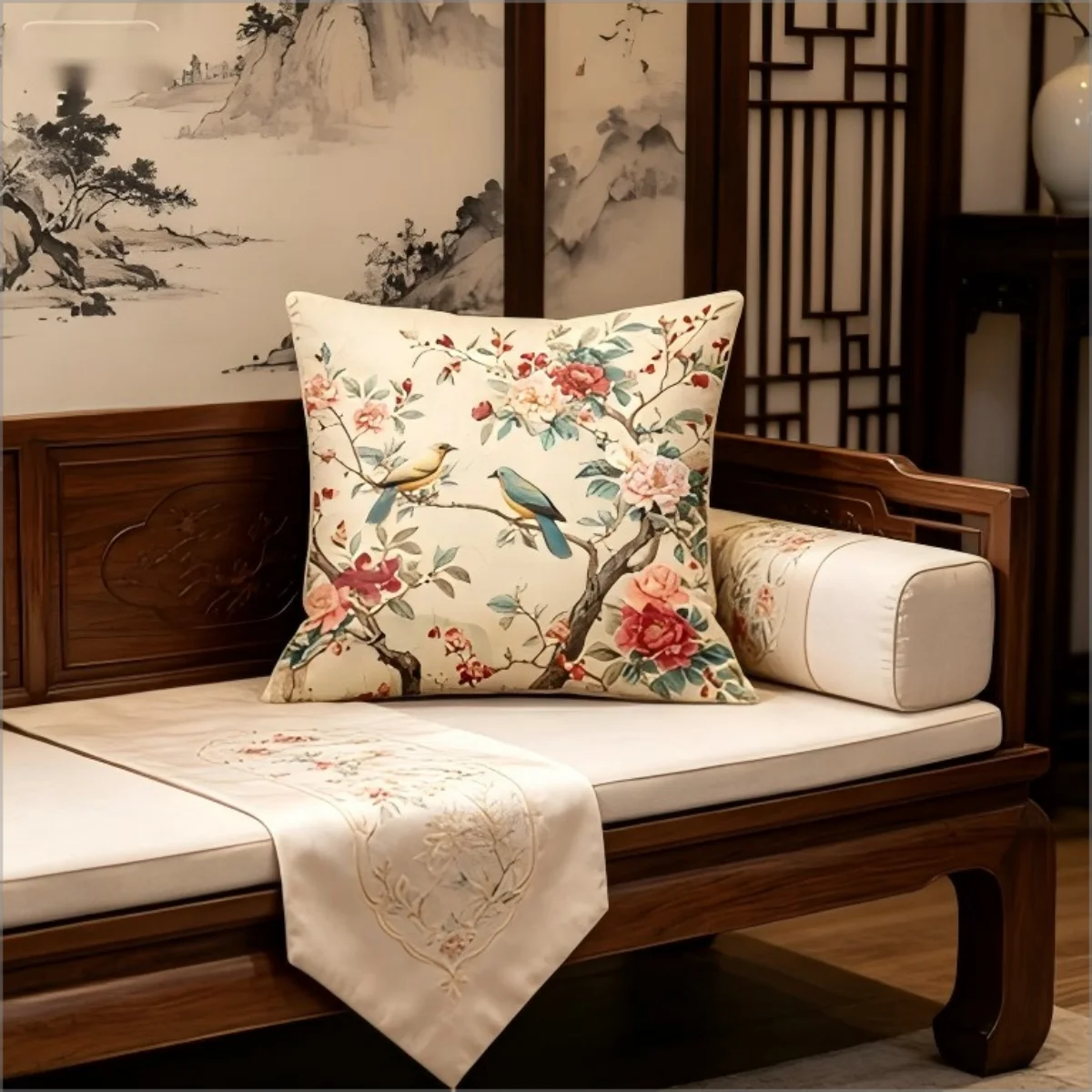 Vintage Chinoiserie Bird and Flower Throw Pillow Cover, Retro Botanical Floral Print Decorative Cushion for Bedroom Sofa Couch