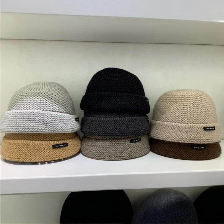 Minimal Japanese Style Knitted Beanie Cap Wool Blended Coarse Thread Basin Hat Autumn Winter Warm Face Small Wool Melon Fur Hat