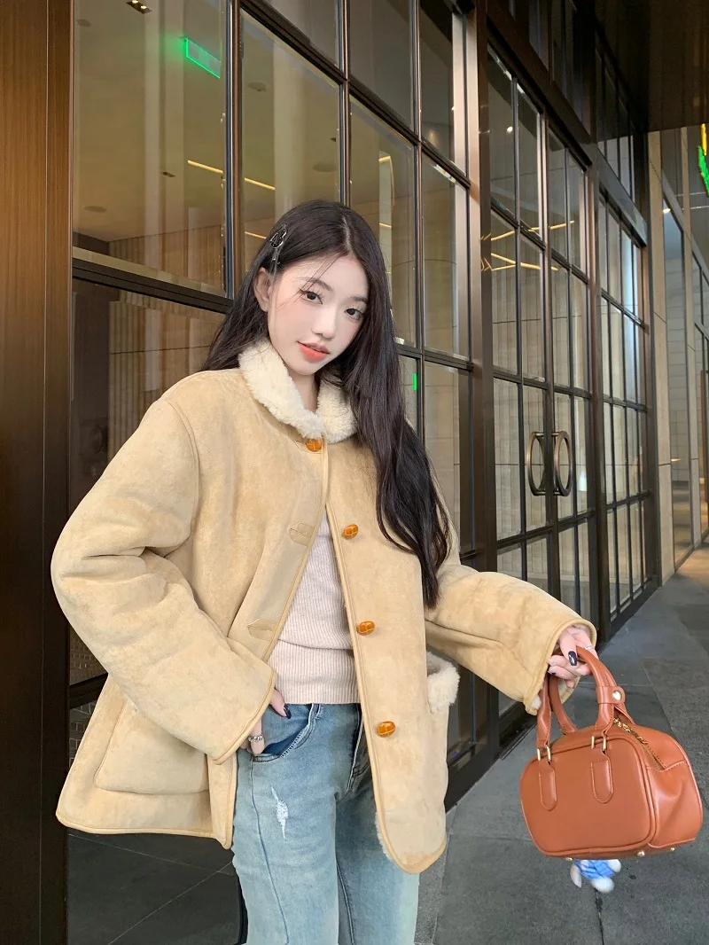 Korean Style Women's Down Jacket Autumn Winter Woolen Collar Single Breasted Patchwork Coat Elegant Lady Warm Cotton Clothes