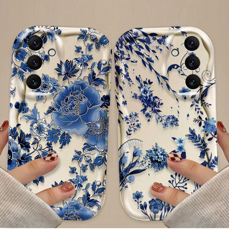 Blue Cat Flower Totem Wave Case For Samsung Galaxy A14 A54 A34 A24 A13 A53 A33 A73 A23 A52 A52S A32 A22 A12 A51 A71 Back Cover