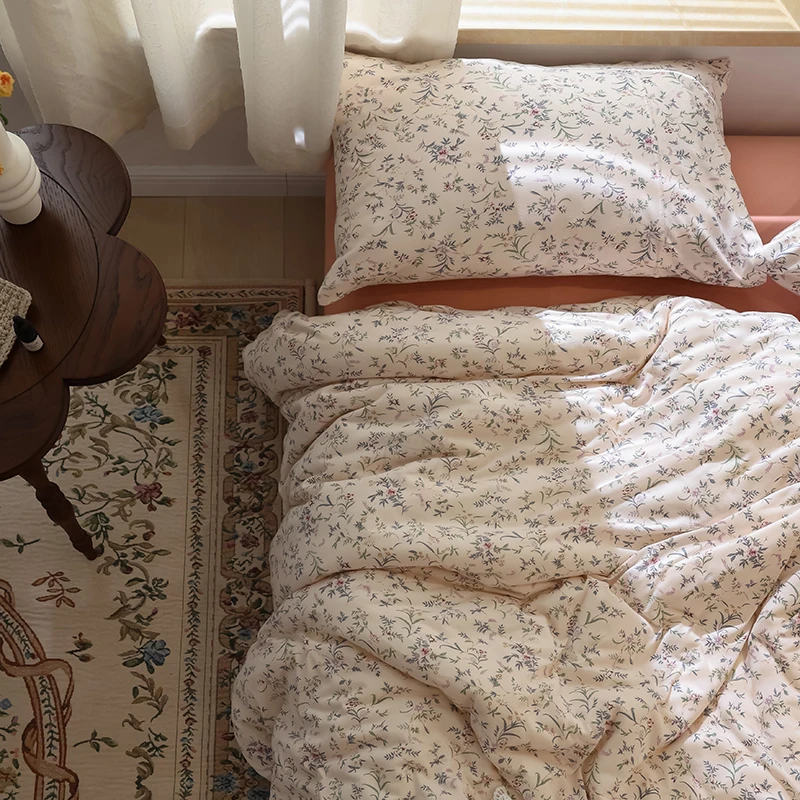 Pure Cotton Knitted Bedding Set Floral Print Duvet Cover Sheet Set Cotton Bed Linens Simple Style Four-Piece Bedding Set
