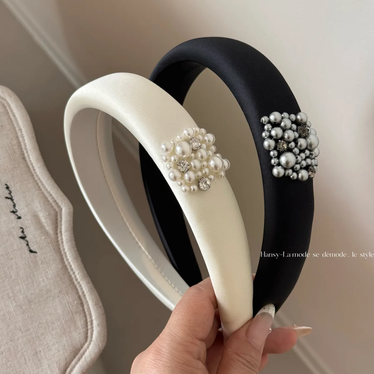 Headband Rhinestone Pearl Satin Black White Sponge High Crown Anti Slip Soft Fit Chic Daily Travel Office Women Hair Accessory