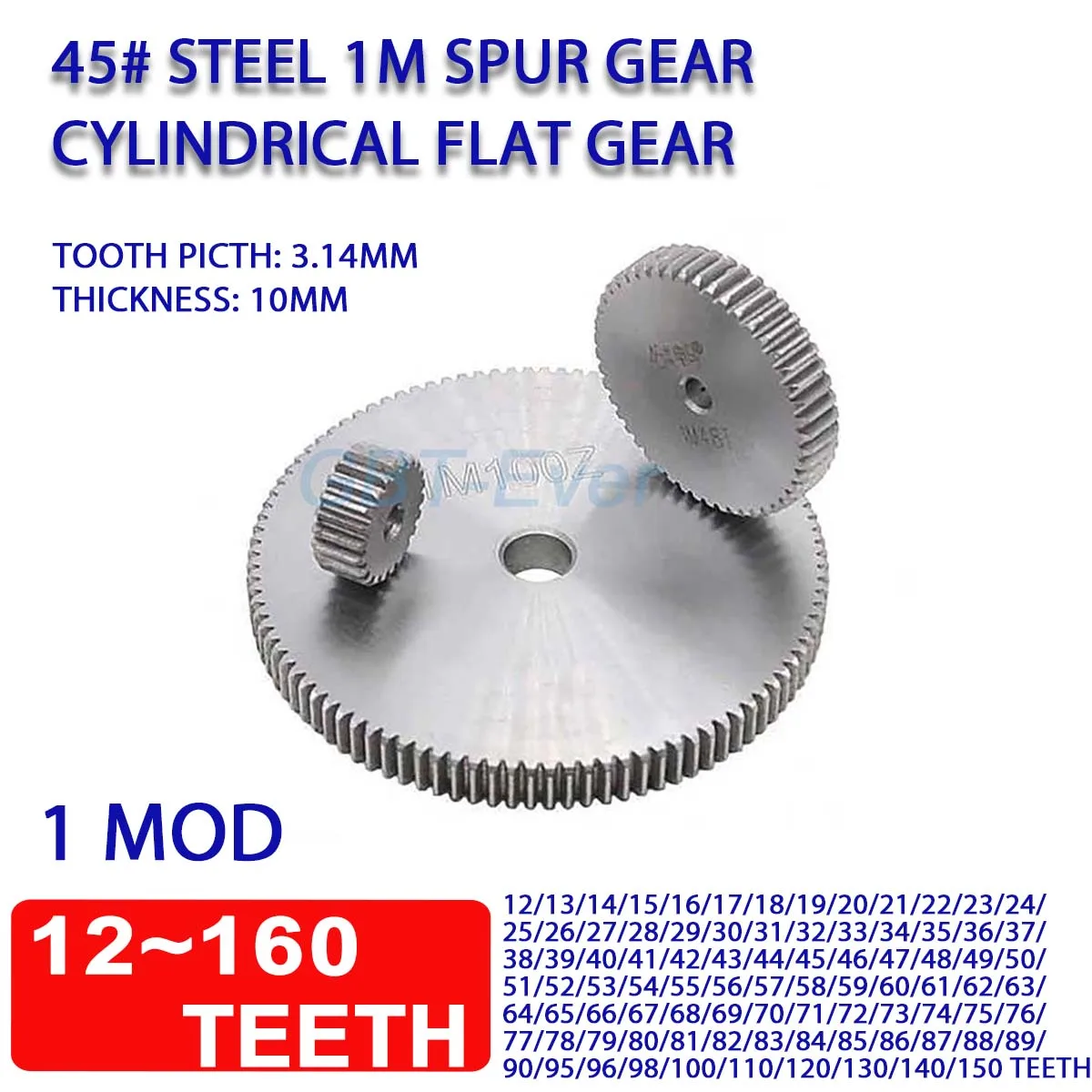 

1Pcs 1 Mod 12T-150T Spur Gear 1M Cylindrical Flat Gear Pinion 12/13/14/15/16/17/18/19/20/21/22/23/24/25/26/27~150Teeth 45# Steel