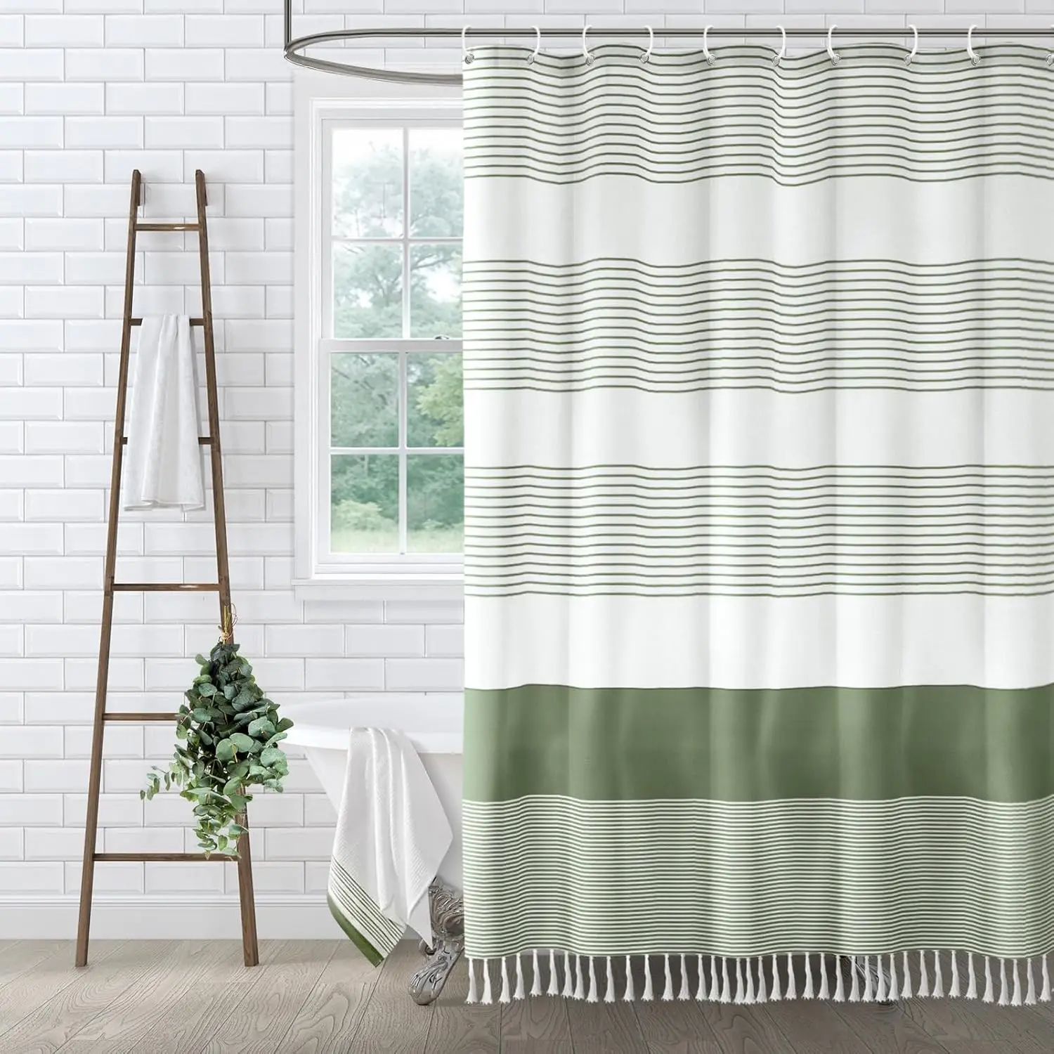 

Green Shower Curtain Cotton Boho Striped Shower Curtains for Bathroom with Tassel 72 X 72