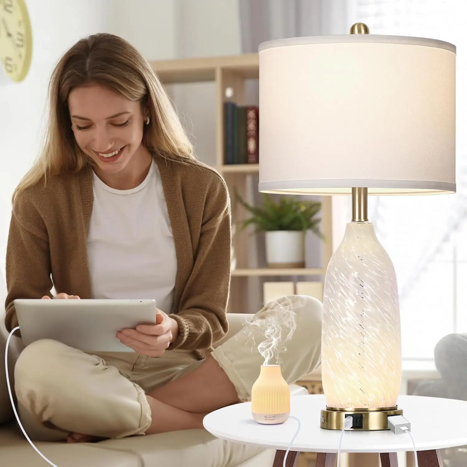 Lámparas de mesa de cristal modernas de 26', juego de 2 con salida USB y CA, luz nocturna con control táctil regulable para dormitorio, sala de estar (bombillas)