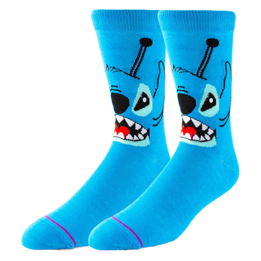 Fashionable Men\'s 6 Pairs of Novel Cartoon Stitch Pattern Mid Tube Crew Socks Comfortable and Soft Pressure Socks