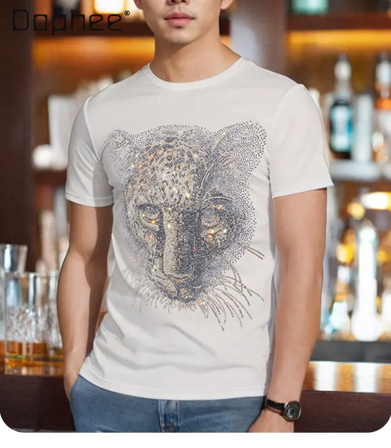 Summer New Men Red White Black Leopard Tiger Dragon Rhinestone Fitted Round Neck Short Sleeve Casual Fashion Daily T-Shirt