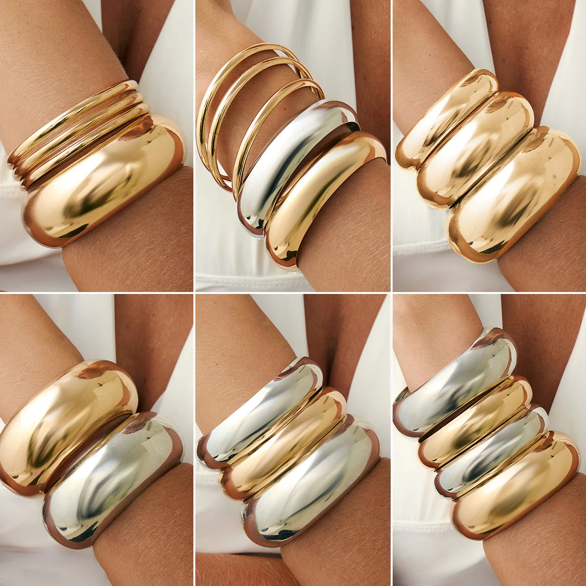 Premium Fashion Metal Polished Bangle Set Mixed Color Chunky Wide Hand Ring Edgy Stackable for Women