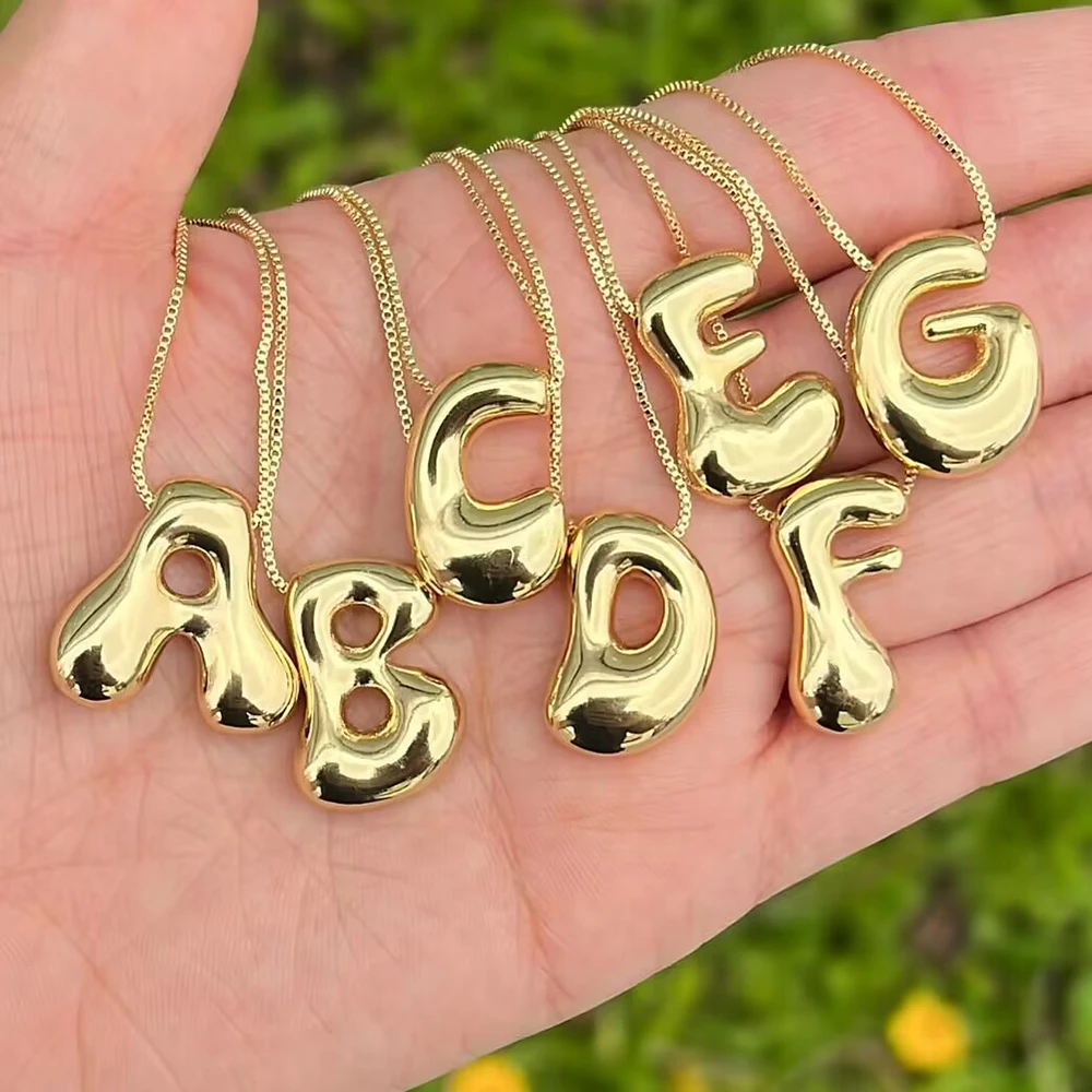 AENSOA Gold Plated Chunky Balloon Bubble Alphabet Initial Letter Pendant Choker Necklaces for Women Custom Personalized Jewelry