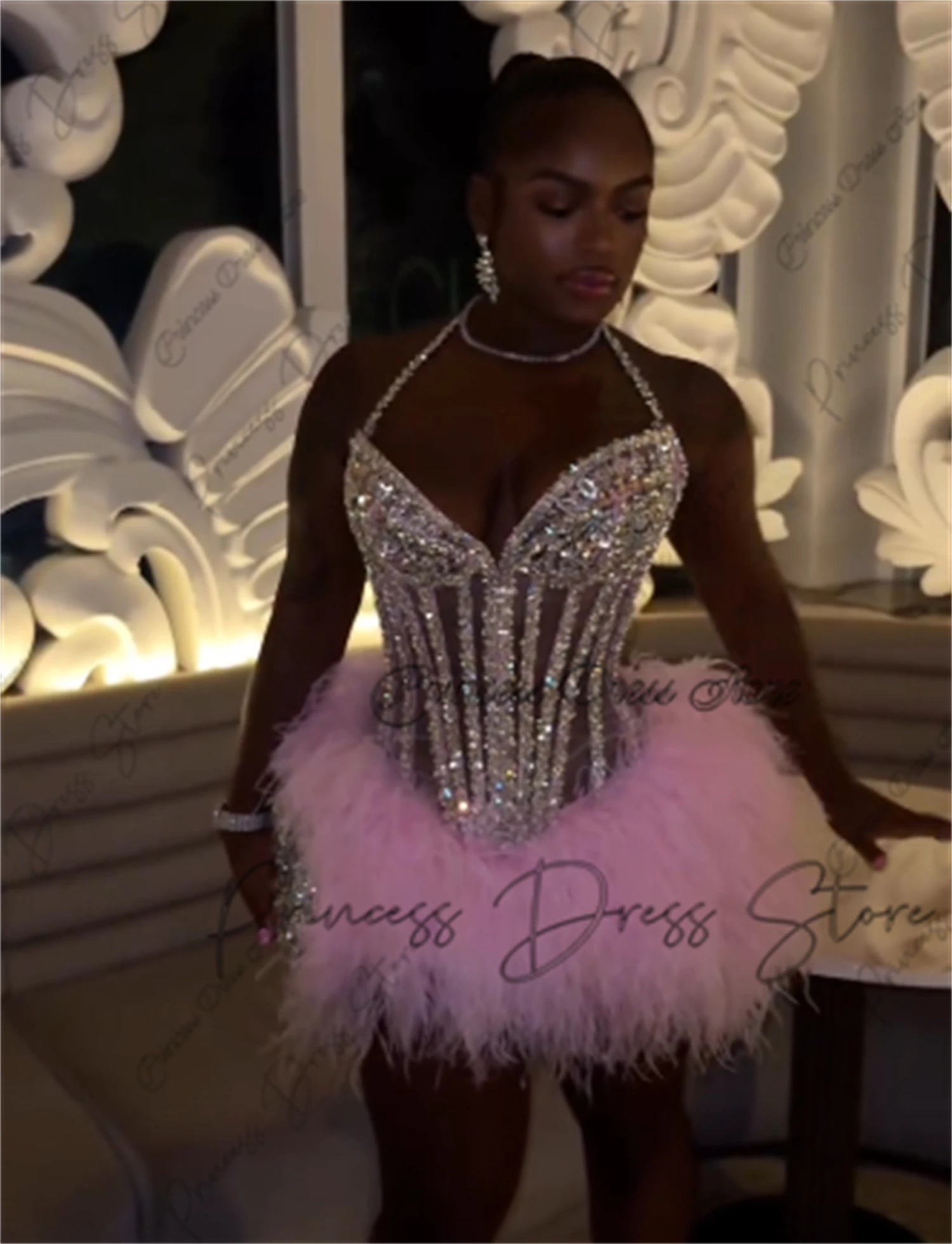Shiny  Feather Birthday Prom Dresses Luxury Black Girls 2026 Beaded Rhinestones Homecoming Dress Mini Cocktail Gown Customized