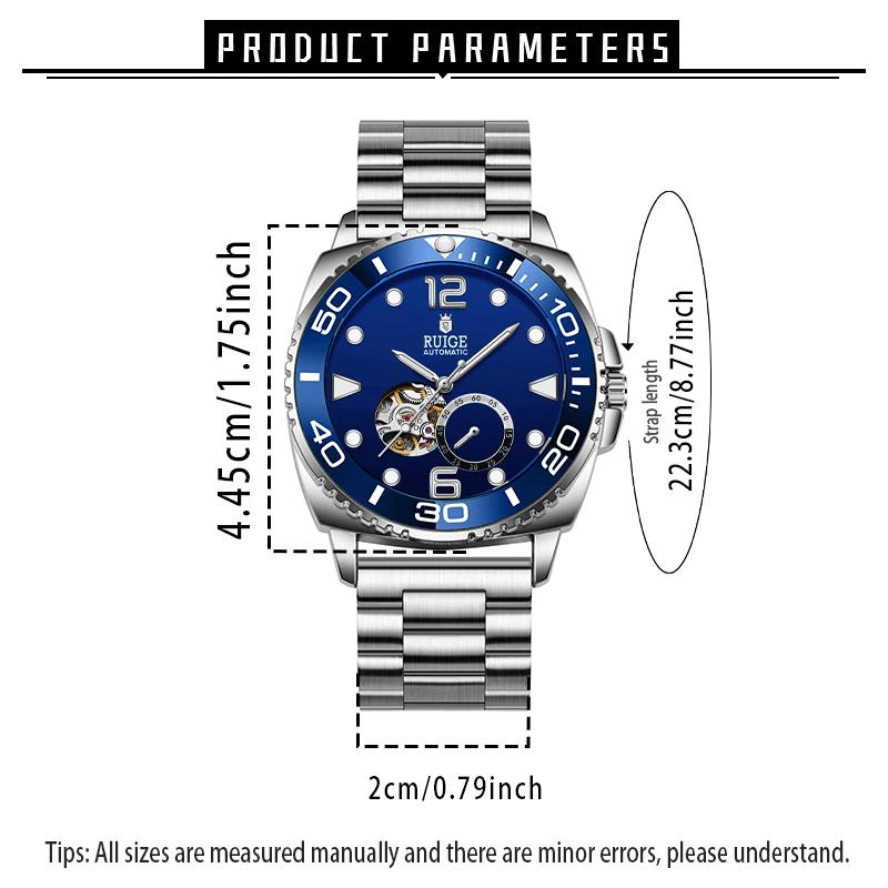 RUIGE Автоматические механические часы с полым ремешком из нержавеющей стали, четырьмя иглами, светящиеся, модный темперамент для мужчин