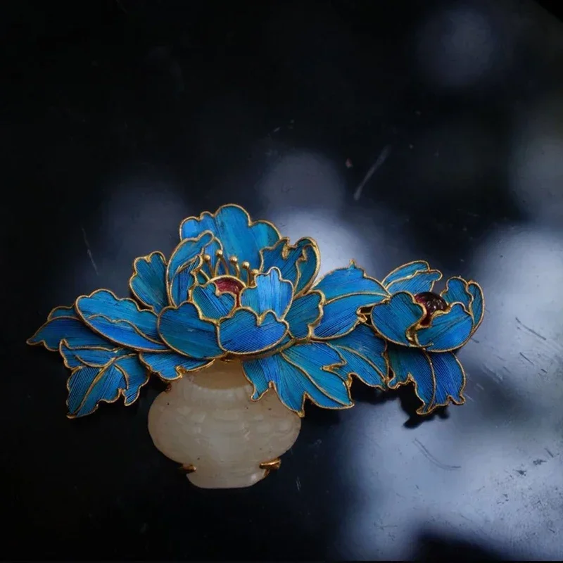 Original Designer Cloisonne Enamel Porcelain Craft Peony Flower Brooch Chinese Retro Charm women's silver jewelry