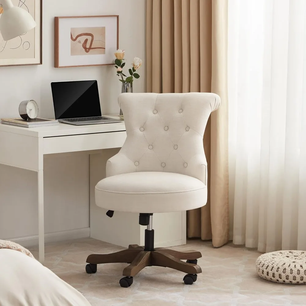 

Home Office Chair Adjustable Height Swivel Chair with Wheels Linen Fabric Upholstered Computer Desk Chair with Wooden Legs Comfo