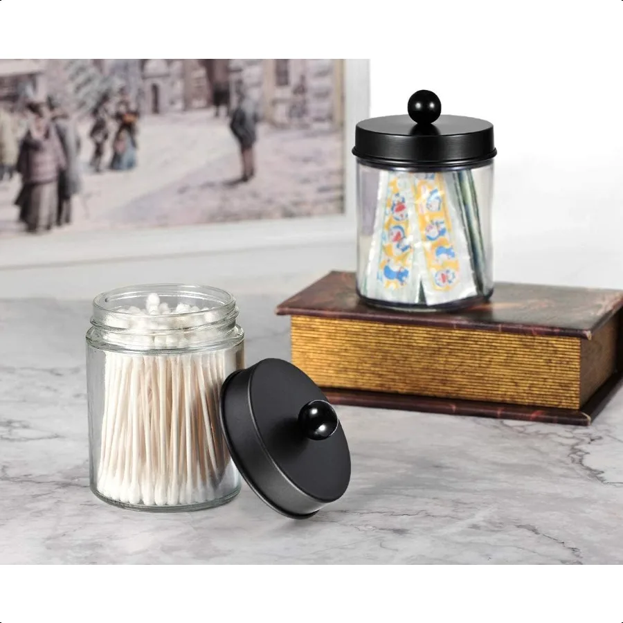 4 pacotes de frascos de boticário, conjunto organizador de armazenamento de vaidade do banheiro, recipiente de bancada com tampas de aço inoxidável, adesivos fofos qtip disp