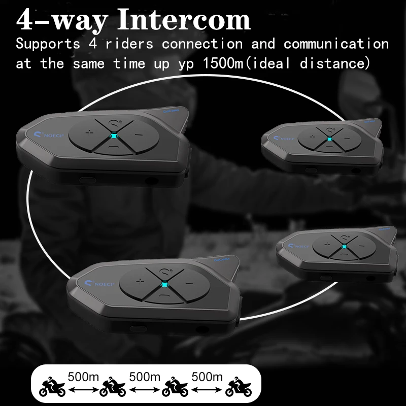 NOECI-Interfone Bluetooth para Motocicleta, 4 Riders Group, 1500m Full-Duplex Interfone, IP65 Compartilhamento de Música, FM