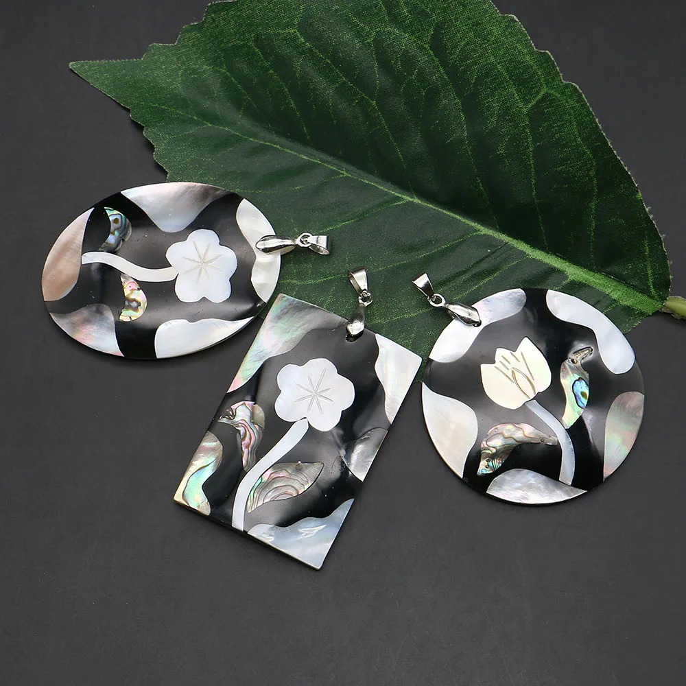 Fashion Classic Natural Freshwater Shell Polished Spliced Square Round Flower Pattern Pendant DIY Necklace Earrings Jewelry
