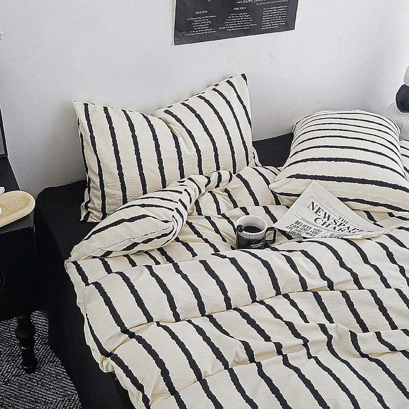 Black White Striped Duvet Cover Set Soft Seersucker Queen Bedding Set Breathable Skin Friendly Quilt Cover Bed Sheet Pillowcase