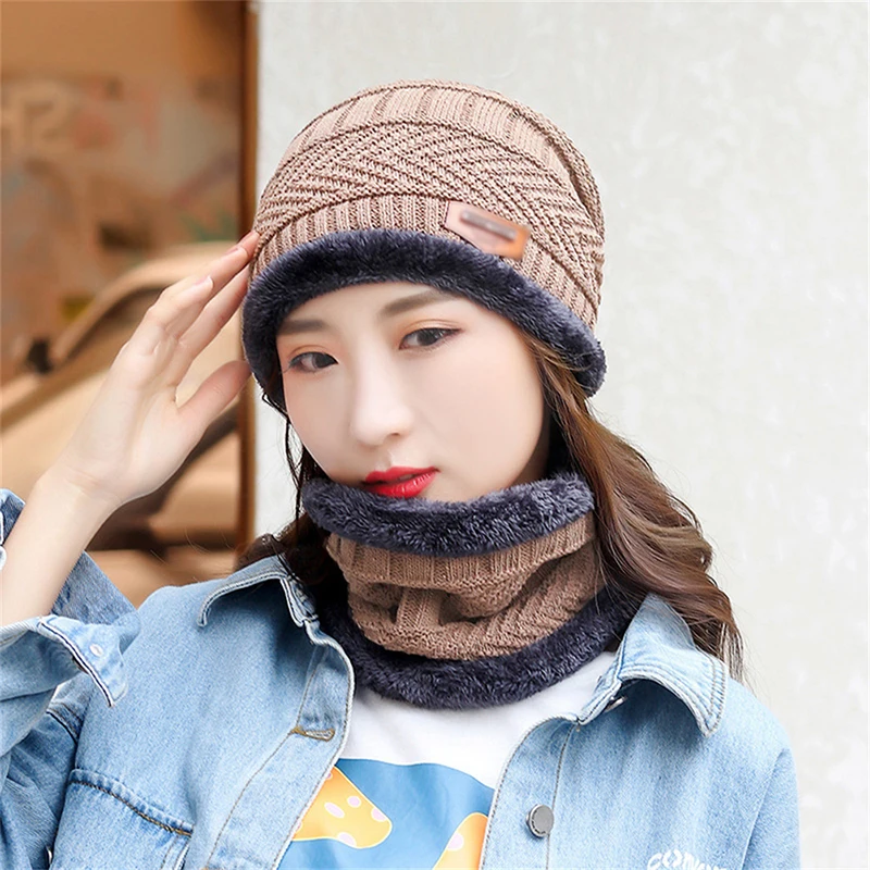 （Summer6）1 Pc Knit Fleece Scarf Winter Hat Soft Men And Women Beanie Warm Hat Thickening Plus Velvet Loose Winter Hat With Scarf