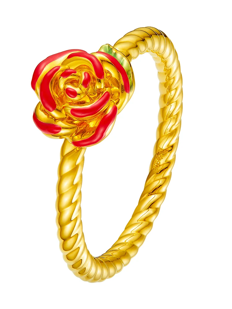 1PCS Pure 999 24K Yellow Gold Ring Women Enamel Red Rose Flower 5G Hard Gold Crafts Light Rings US Size 5-9