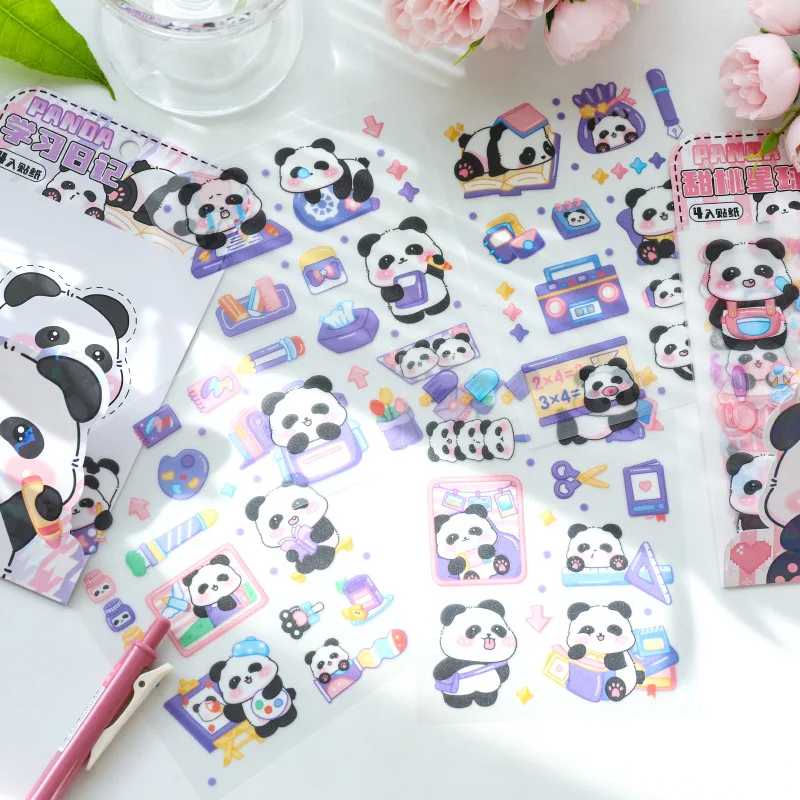 4pcs/lot Panda PET Waterproof Frosted Sticker Cute Pet Panda Handbook Diy Decorative Sticker Pack Material Sticker Kids Gifts