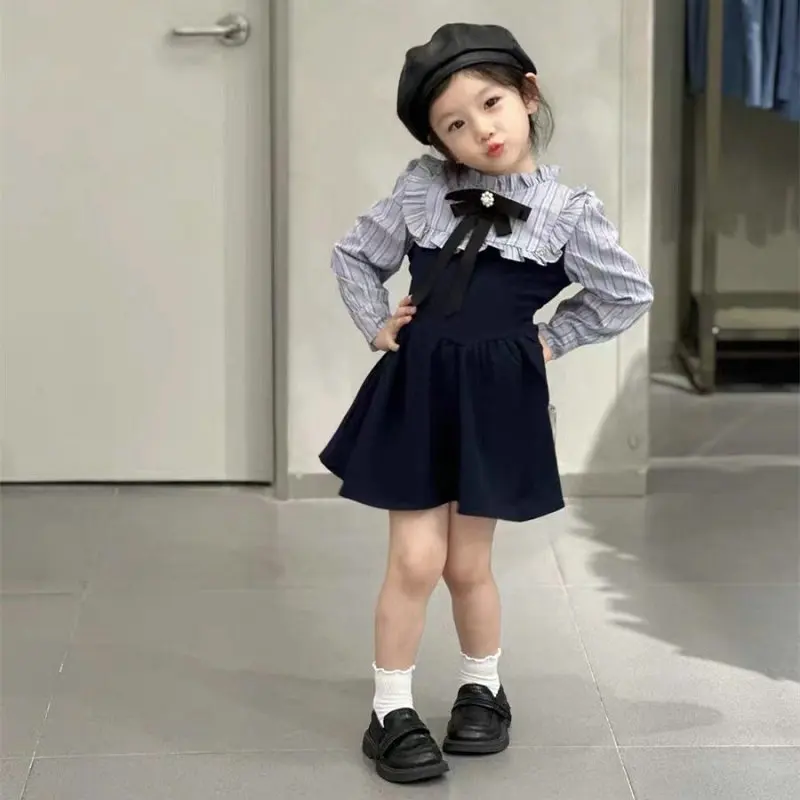 Girls' Dress Academy Bow Waist Fake Two Piece Stripe Dress 2024 Spring Autumn New Student School Uniform Children's Clothing