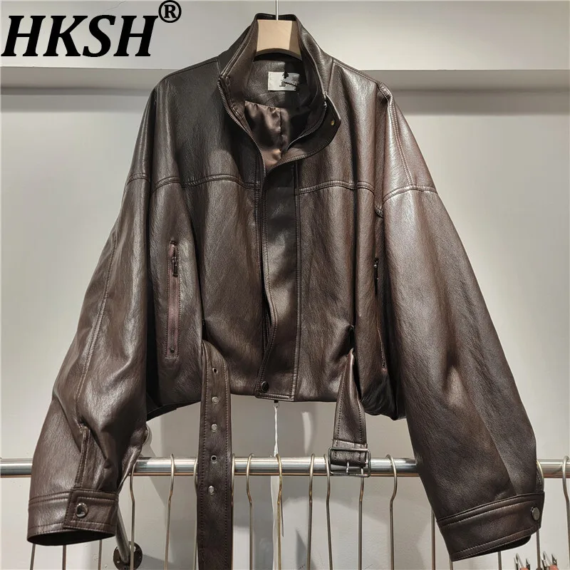 

HKSH Spring Autumn New Women Jacket PU Leather Stand Collar Zipper Solid Color Elegant Trendy Streetwear Motorcycle Coat HK16398