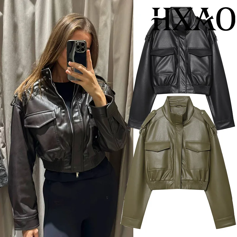 

HXAO Cropped Black Jacket Women's Coat Demi-Season Faux Leather Jacket Long Sleeve Motorcycle Jacket Zip Up Green Womens Coat