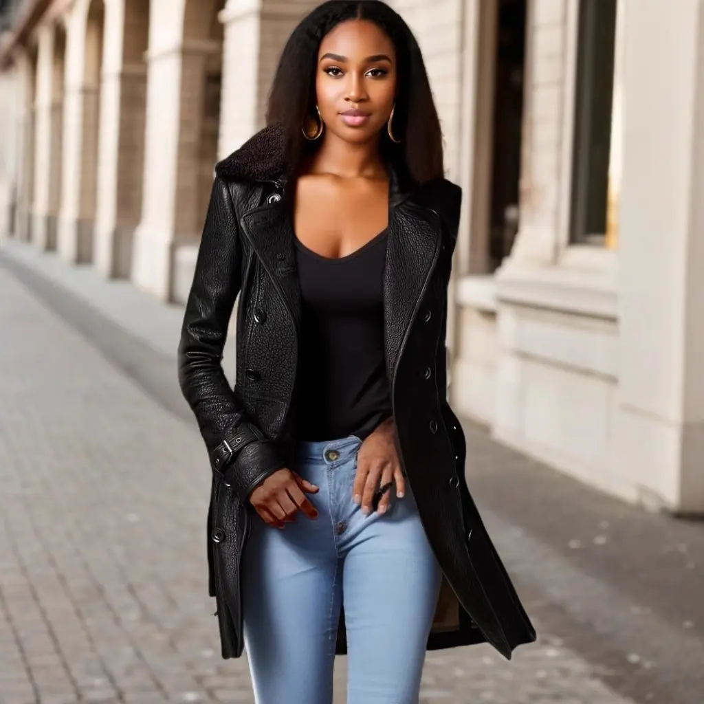 Feminino estilo britânico gola de pele espessada jaqueta de couro de comprimento médio casaco estilo motocicleta moda