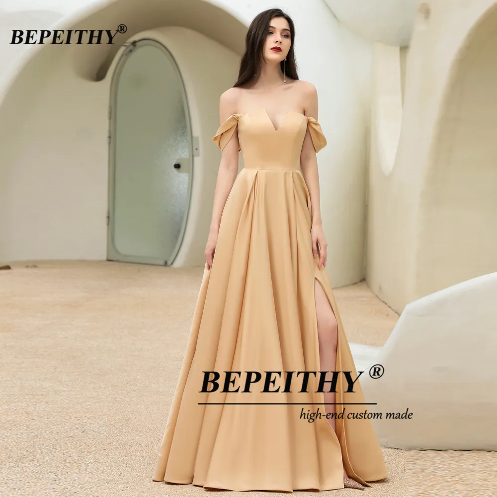 BEPEITHY Weg Schulter Gold Lange Prom Kleider 2023 Hohe Slit V Front Abend Party Kleid Für Frauen Ärmellose Debüt Ball kleid