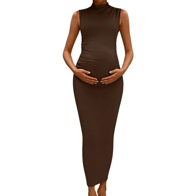 Elegant Pregnant Maternity Dress For Photo Shoot High Neck Solid Body Fitted Elastic Photography Prop Skirt For Women - view 3