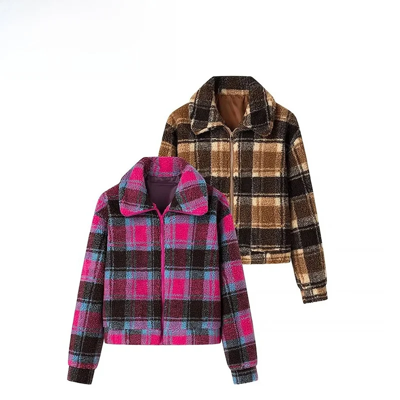

ZAB Autumn New Women's Faion Casual Versatile Plaid Outerwear Simple Sle ort Coat Polyester Fiber Collar Design
