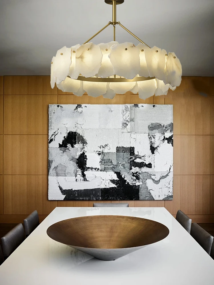 Vintage Luxury Marble Chandelier Lights Round Gold Alabaster Hanglamp for Dining Room Foyer Decoration Lamparas