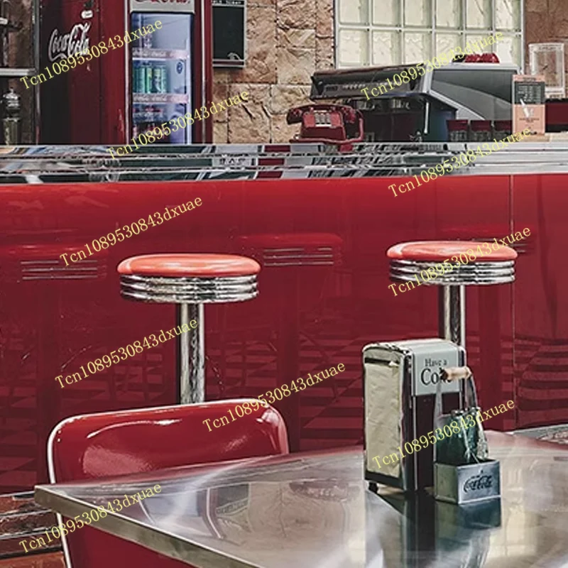 American retro red bar KTV bar counter stool, front desk round stool, commercial high legged chair, iron nail salon use
