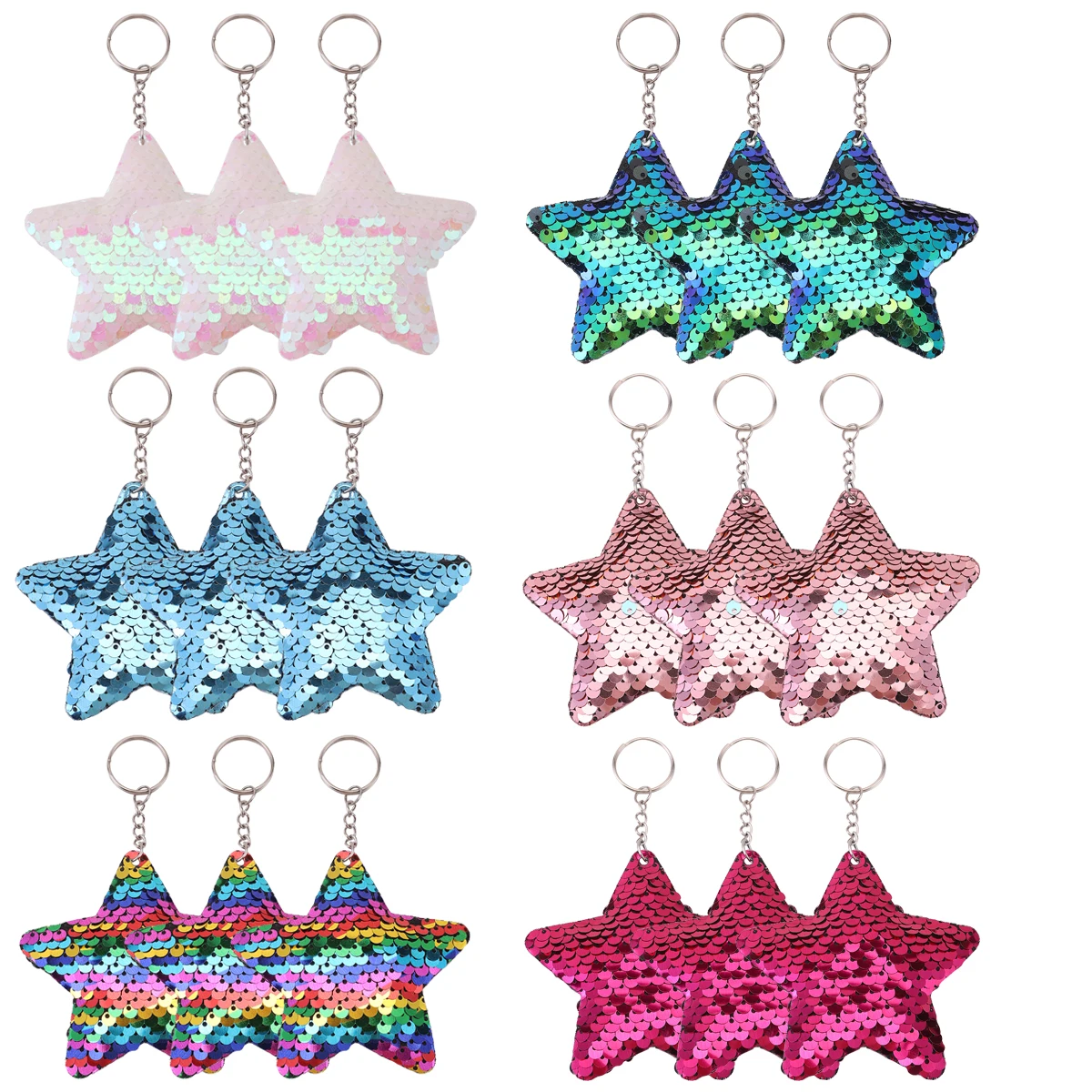 

18Pcs Sequin Stars Keychains, Glitter Double-Sided Shaped Sequins Pentagram KeyRings, purse Bag Backpack Car Accessories