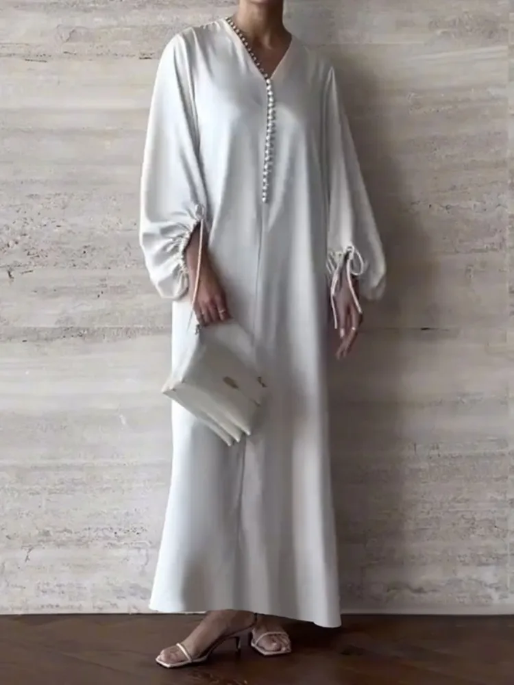 Women's Luxury Maxi Dress Satin V-Neck Drawstring Puff Sleeve Evening Gown 2026 Spring Fashion Loose Fit Vacation Party Dresses